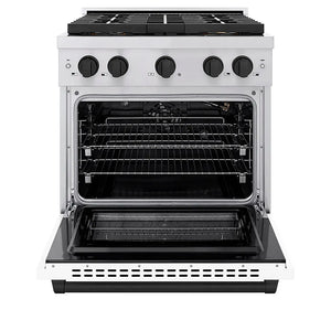 ZLINE Autograph Edition 30 in. 4.2 cu. ft. Paramount Gas Range with 4 Burner DuoPro™ Cooktop and Convection Gas Oven in Stainless Steel with White Matte Door and Matte Black Accents (PSGRZ-WM-30-MB) front, oven open.