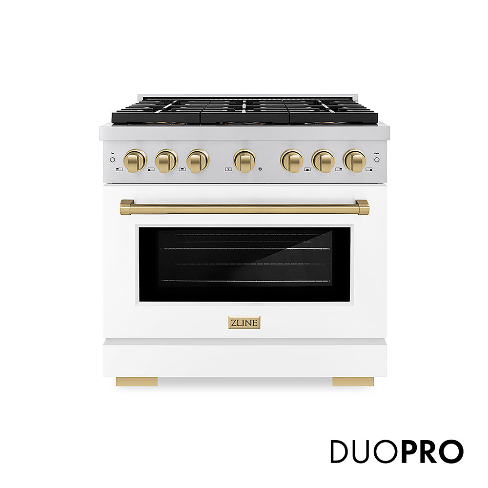 ZLINE Autograph Edition 36 in. 5.2 cu. ft. Paramount Gas Range with 6 Burner DuoPro™ Cooktop and Convection Gas Oven with White Matte Door and Champagne Bronze Accents (PSGRZ-WM-36-CB) front, with DuoPro™ logo.
