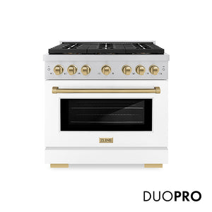 ZLINE Autograph Edition 36 in. 5.2 cu. ft. Paramount Gas Range with 6 Burner DuoPro™ Cooktop and Convection Gas Oven with White Matte Door and Champagne Bronze Accents (PSGRZ-WM-36-CB) front, with DuoPro™ logo.