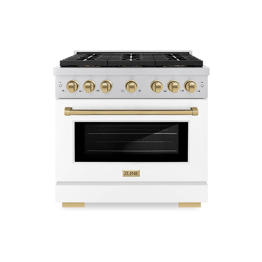ZLINE Autograph Edition 36 in. 5.2 cu. ft. Paramount Gas Range with 6 Burner DuoPro™ Cooktop and Convection Gas Oven with White Matte Door and Champagne Bronze Accents (PSGRZ-WM-36-CB)