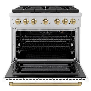 ZLINE Autograph Edition 36 in. 5.2 cu. ft. Paramount Gas Range with 6 Burner DuoPro™ Cooktop and Convection Gas Oven with White Matte Door and Champagne Bronze Accents (PSGRZ-WM-36-CB) front, oven open.