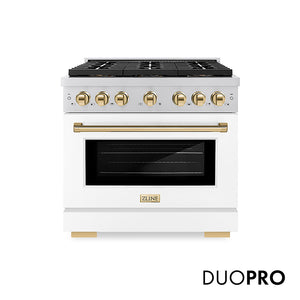 ZLINE Autograph Edition 36 in. 5.2 cu. ft. Paramount Gas Range with 6 Burner DuoPro™ Cooktop and Convection Gas Oven with White Matte Door and Polished Gold Accents (PSGRZ-WM-36-G) front, with DuoPro™ logo.