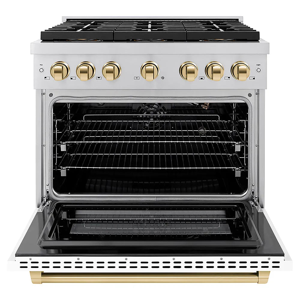 ZLINE Autograph Edition 36 in. 5.2 cu. ft. Paramount Gas Range with 6 Burner DuoPro™ Cooktop and Convection Gas Oven with White Matte Door and Polished Gold Accents (PSGRZ-WM-36-G) front, oven open.