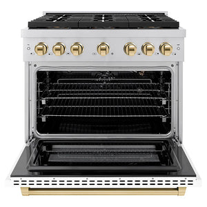 ZLINE Autograph Edition 36 in. 5.2 cu. ft. Paramount Gas Range with 6 Burner DuoPro™ Cooktop and Convection Gas Oven with White Matte Door and Polished Gold Accents (PSGRZ-WM-36-G) front, oven open.