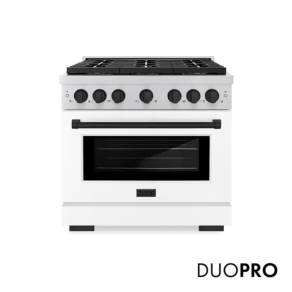 ZLINE Autograph Edition 36 in. 5.2 cu. ft. Paramount Gas Range with 6 Burner DuoPro™ Cooktop and Convection Gas Oven with White Matte Door and Matte Black Accents (PSGRZ-WM-36-MB) front, with DuoPro™ logo.