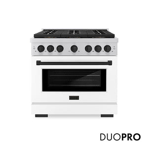 ZLINE Autograph Edition 36 in. 5.2 cu. ft. Paramount Gas Range with 6 Burner DuoPro™ Cooktop and Convection Gas Oven with White Matte Door and Matte Black Accents (PSGRZ-WM-36-MB) front, with DuoPro™ logo.