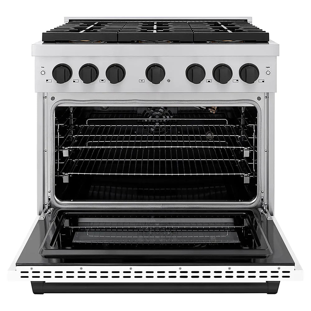 ZLINE Autograph Edition 36 in. 5.2 cu. ft. Paramount Gas Range with 6 Burner DuoPro™ Cooktop and Convection Gas Oven with White Matte Door and Matte Black Accents (PSGRZ-WM-36-MB) front, oven open.