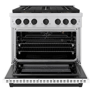 ZLINE Autograph Edition 36 in. 5.2 cu. ft. Paramount Gas Range with 6 Burner DuoPro™ Cooktop and Convection Gas Oven with White Matte Door and Matte Black Accents (PSGRZ-WM-36-MB) front, oven open.