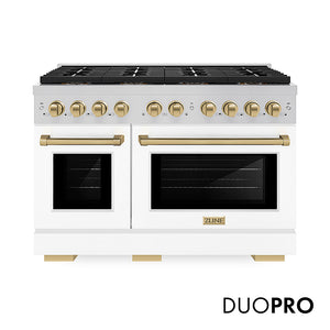 ZLINE Autograph Edition 48 in. 6.7 cu. ft. Paramount Gas Range with 8 Burner DuoPro™ Cooktop and Dual Ovens with White Matte Doors and Champagne Bronze Accents (PSGRZ-WM-48-CB) front, with DuoPro™ logo.