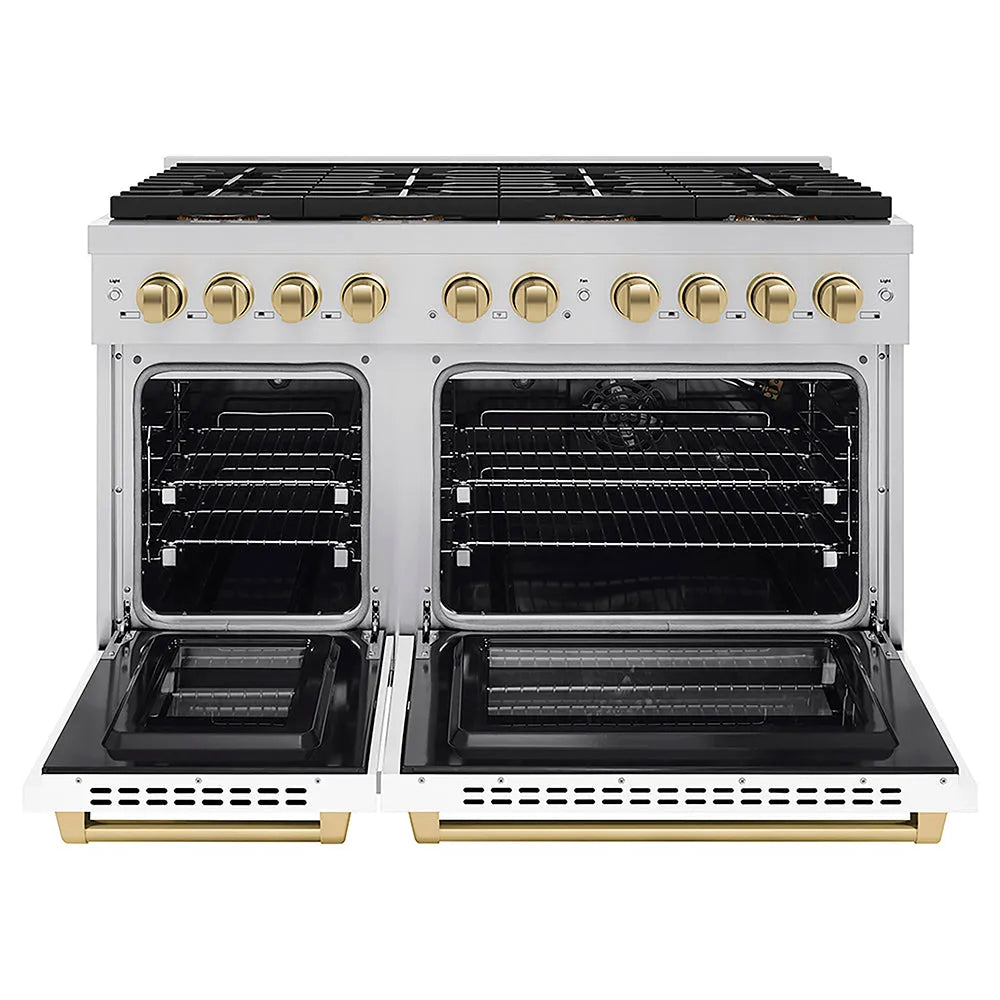 ZLINE Autograph Edition 48 in. 6.7 cu. ft. Paramount Gas Range with 8 Burner DuoPro™ Cooktop and Dual Ovens with White Matte Doors and Champagne Bronze Accents (PSGRZ-WM-48-CB) front, oven open.