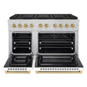 ZLINE Autograph Edition 48 in. 6.7 cu. ft. Paramount Gas Range with 8 Burner DuoPro™ Cooktop and Dual Ovens with White Matte Doors and Champagne Bronze Accents (PSGRZ-WM-48-CB) front, oven open.