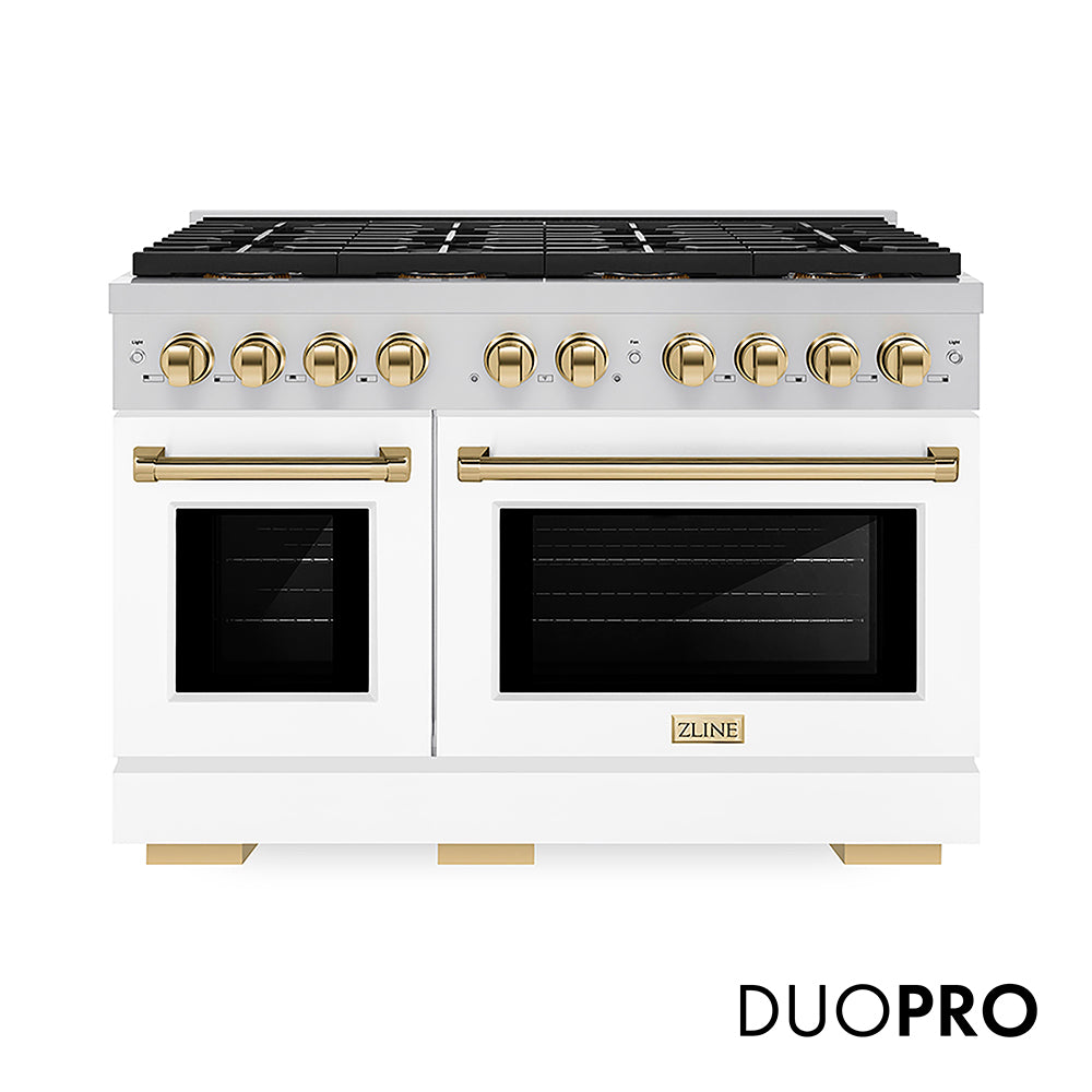 ZLINE Autograph Edition 48 in. 6.7 cu. ft. Paramount Gas Range with 8 Burner DuoPro™ Cooktop and Dual Ovens with White Matte Doors and Polished Gold Accents (PSGRZ-WM-48-G) front, with DuoPro™ logo.