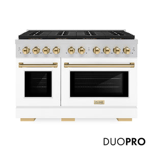 ZLINE Autograph Edition 48 in. 6.7 cu. ft. Paramount Gas Range with 8 Burner DuoPro™ Cooktop and Dual Ovens with White Matte Doors and Polished Gold Accents (PSGRZ-WM-48-G) front, with DuoPro™ logo.