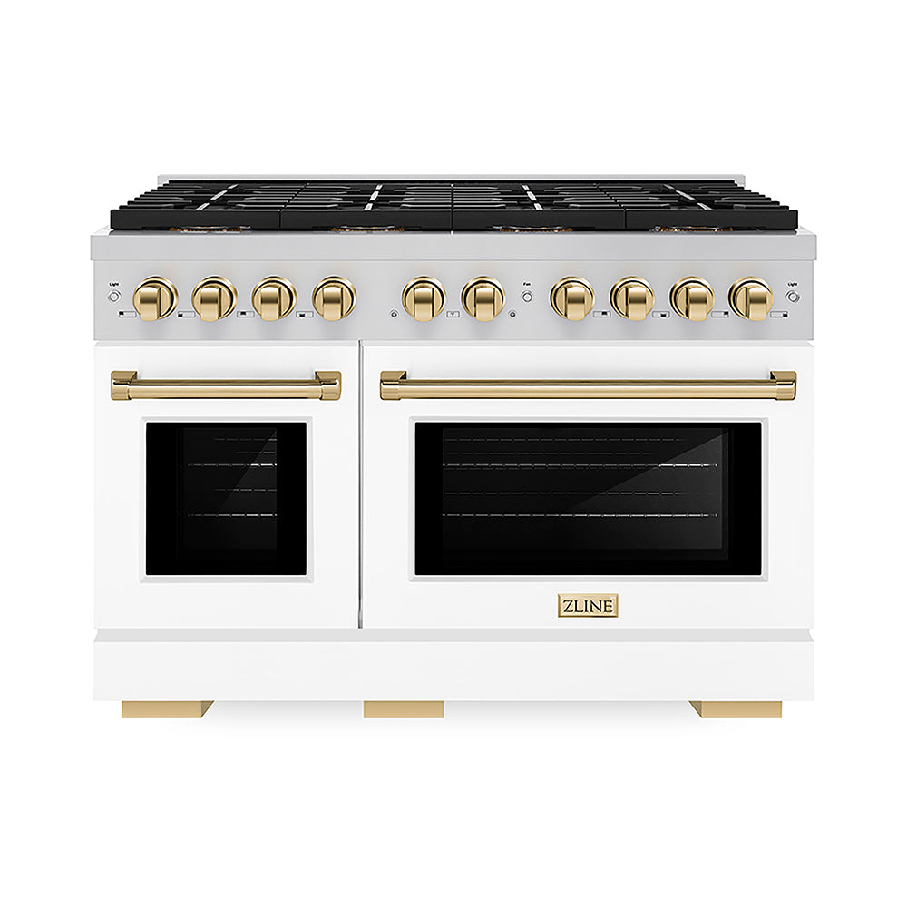 ZLINE Autograph Edition 48 in. 6.7 cu. ft. Paramount Gas Range with 8 Burner DuoPro™ Cooktop and Dual Ovens with White Matte Doors and Polished Gold Accents (PSGRZ-WM-48-G)