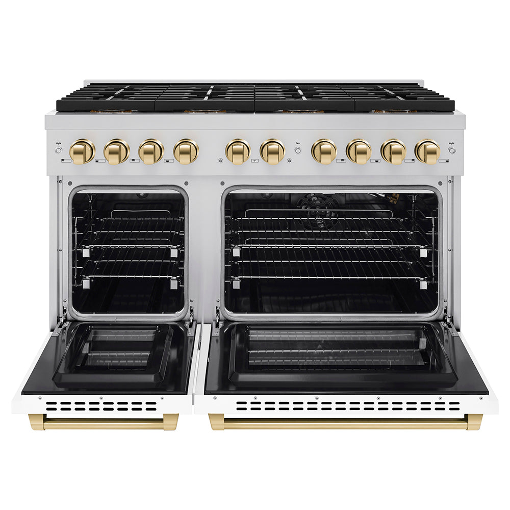 ZLINE Autograph Edition 48 in. 6.7 cu. ft. Paramount Gas Range with 8 Burner DuoPro™ Cooktop and Dual Ovens with White Matte Doors and Polished Gold Accents (PSGRZ-WM-48-G) front, oven open.