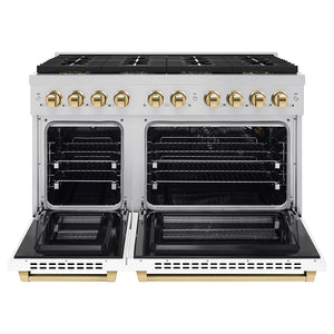 ZLINE Autograph Edition 48 in. 6.7 cu. ft. Paramount Gas Range with 8 Burner DuoPro™ Cooktop and Dual Ovens with White Matte Doors and Polished Gold Accents (PSGRZ-WM-48-G) front, oven open.
