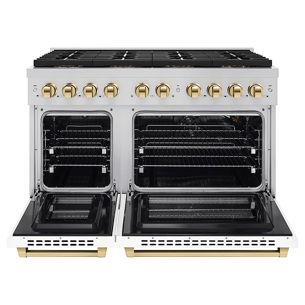 ZLINE Autograph Edition 48 in. 6.7 cu. ft. Paramount Gas Range with 8 Burner DuoPro™ Cooktop and Dual Ovens with White Matte Doors and Polished Gold Accents (PSGRZ-WM-48-G) front, oven open.