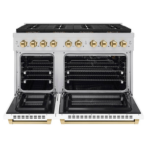 ZLINE Autograph Edition 48 in. 6.7 cu. ft. Paramount Gas Range with 8 Burner DuoPro™ Cooktop and Dual Ovens with White Matte Doors and Polished Gold Accents (PSGRZ-WM-48-G) front, oven open.