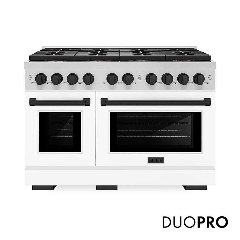 ZLINE Autograph Edition 48 in. 6.7 cu. ft. Paramount Gas Range with 8 Burner DuoPro™ Cooktop and Dual Ovens with White Matte Doors and Matte Black Accents (PSGRZ-WM-48-MB) front, with DuoPro™ logo.