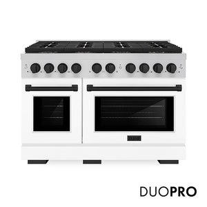 ZLINE Autograph Edition 48 in. 6.7 cu. ft. Paramount Gas Range with 8 Burner DuoPro™ Cooktop and Dual Ovens with White Matte Doors and Matte Black Accents (PSGRZ-WM-48-MB) front, with DuoPro™ logo.