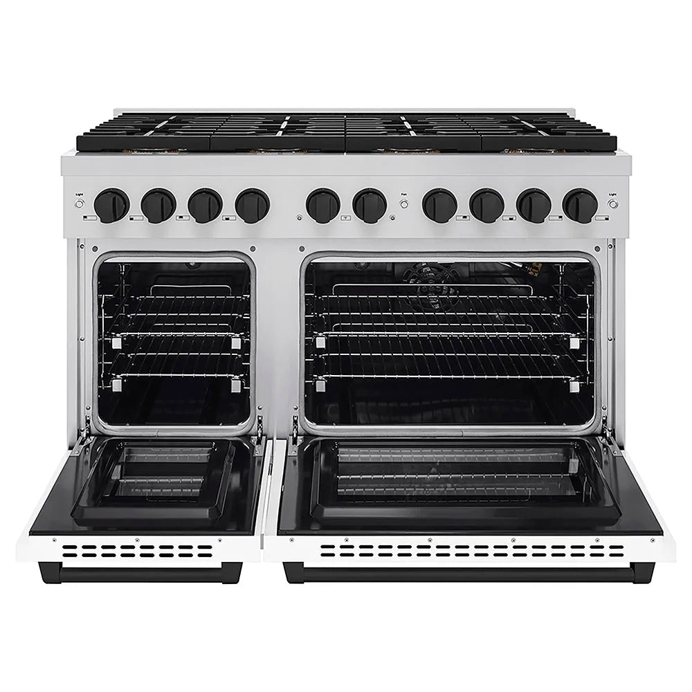 ZLINE Autograph Edition 48 in. 6.7 cu. ft. Paramount Gas Range with 8 Burner DuoPro™ Cooktop and Dual Ovens with White Matte Doors and Matte Black Accents (PSGRZ-WM-48-MB) front, oven open.