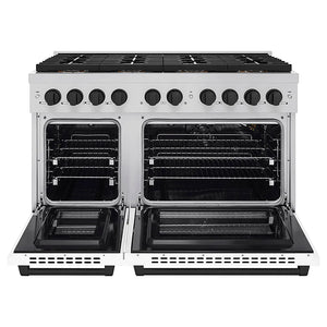 ZLINE Autograph Edition 48 in. 6.7 cu. ft. Paramount Gas Range with 8 Burner DuoPro™ Cooktop and Dual Ovens with White Matte Doors and Matte Black Accents (PSGRZ-WM-48-MB) front, oven open.