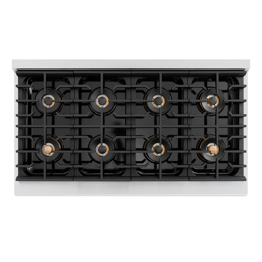 ZLINE Autograph Edition 48 in. 6.7 cu. ft. Paramount Gas Range with 8 Burner DuoPro™ Cooktop and Dual Ovens with White Matte Doors and Polished Gold Accents (PSGRZ-WM-48-G) top-down, above cooktop.