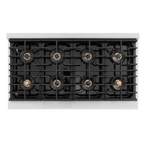 ZLINE Autograph Edition 48 in. 6.7 cu. ft. Paramount Gas Range with 8 Burner DuoPro™ Cooktop and Dual Ovens with White Matte Doors and Polished Gold Accents (PSGRZ-WM-48-G) top-down, above cooktop.