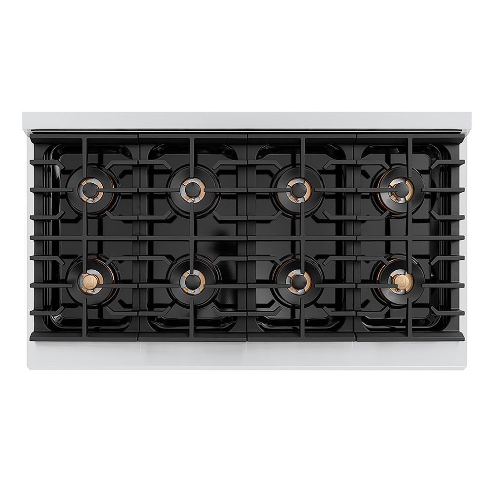 ZLINE Autograph Edition 48 in. 6.7 cu. ft. Paramount Gas Range with 8 Burner DuoPro™ Cooktop and Dual Ovens with White Matte Doors and Polished Gold Accents (PSGRZ-WM-48-G) top-down, above cooktop.
