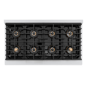 ZLINE Autograph Edition 48 in. 6.7 cu. ft. Paramount Gas Range with 8 Burner DuoPro™ Cooktop and Dual Ovens with White Matte Doors and Polished Gold Accents (PSGRZ-WM-48-G) top-down, above cooktop.