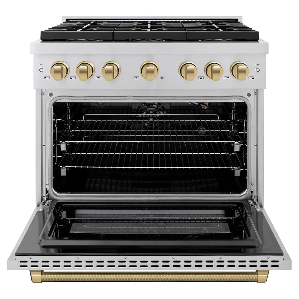 ZLINE Autograph Edition 36 in. 5.2 cu. ft. Paramount Gas Range with 6 Burner DuoPro™ Cooktop and Convection Gas Oven in Stainless Steel with Champagne Bronze Helix Handle and Accents (PSGRZ-36-KCB) front, oven open.