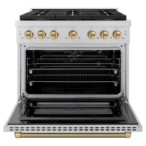 ZLINE Autograph Edition 36 in. 5.2 cu. ft. Paramount Gas Range with 6 Burner DuoPro™ Cooktop and Convection Gas Oven in Stainless Steel with Champagne Bronze Helix Handle and Accents (PSGRZ-36-KCB) front, oven open.