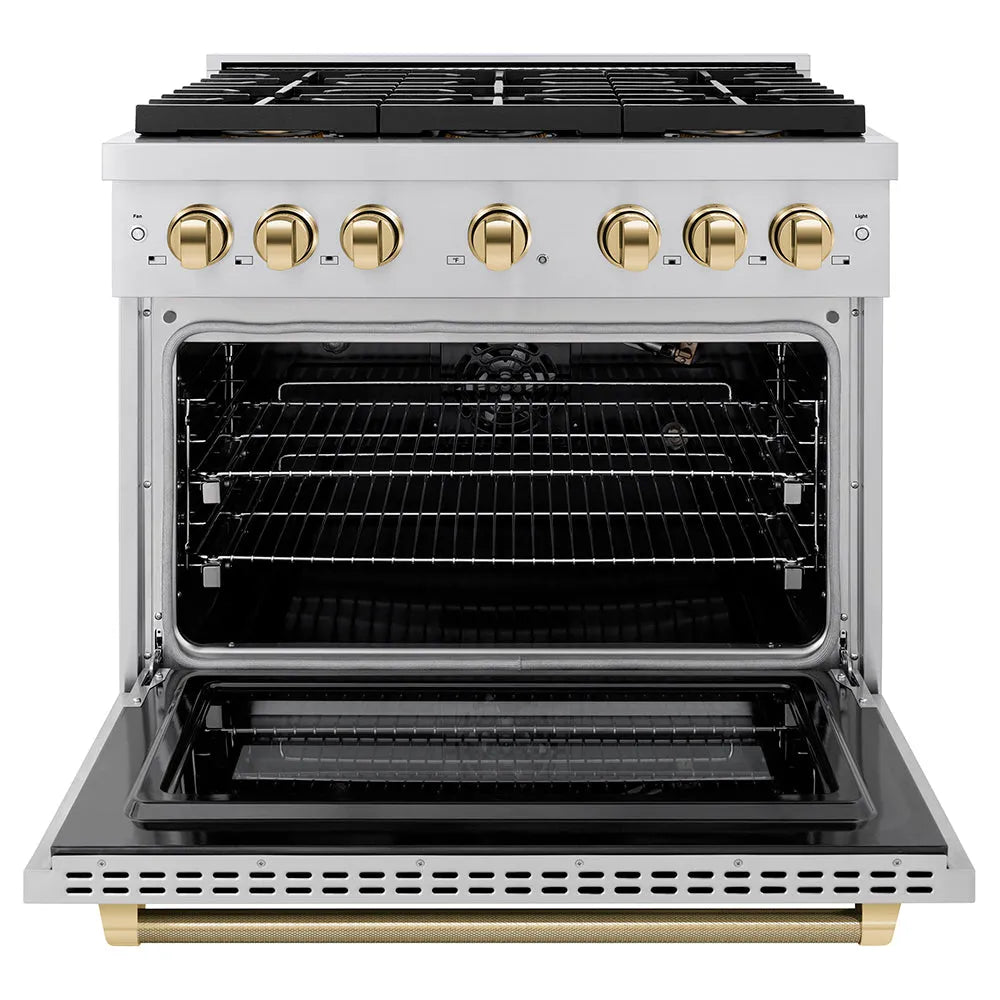 ZLINE Autograph Edition 36 in. 5.2 cu. ft. Paramount Gas Range with 6 Burner DuoPro™ Cooktop and Convection Gas Oven in Stainless Steel with Polished Gold Helix Handle and Accents (PSGRZ-36-KG) front, oven open.