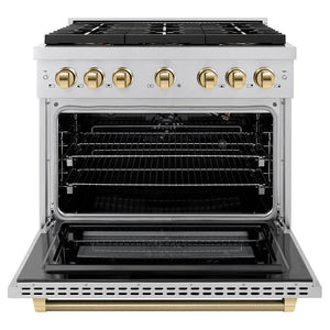 ZLINE Autograph Edition 36 in. 5.2 cu. ft. Paramount Gas Range with 6 Burner DuoPro™ Cooktop and Convection Gas Oven in Stainless Steel with Polished Gold Helix Handle and Accents (PSGRZ-36-KG) front, oven open.