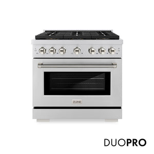 ZLINE Autograph Edition 36 in. 5.2 cu. ft. Paramount Gas Range with 6 Burner DuoPro™ Cooktop and Convection Gas Oven in Stainless Steel with Polished Nickel Helix Handle and Accents (PSGRZ-36-KPN)