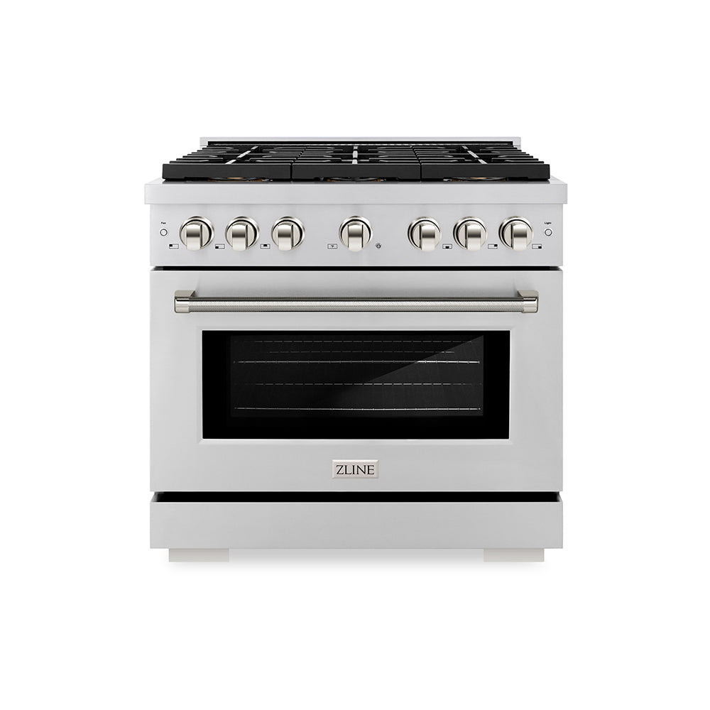 ZLINE Autograph Edition 36 in. 5.2 cu. ft. Paramount Gas Range with 6 Burner DuoPro™ Cooktop and Convection Gas Oven in Stainless Steel with Polished Nickel Helix Handle and Accents (PSGRZ-36-KPN)