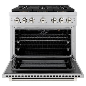 ZLINE Autograph Edition 36 in. 5.2 cu. ft. Paramount Gas Range with 6 Burner DuoPro™ Cooktop and Convection Gas Oven in Stainless Steel with Polished Nickel Helix Handle and Accents (PSGRZ-36-KPN)