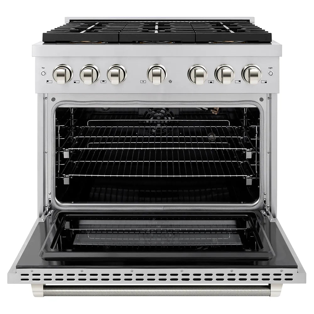 ZLINE Autograph Edition 36 in. 5.2 cu. ft. Paramount Gas Range with 6 Burner DuoPro™ Cooktop and Convection Gas Oven in Stainless Steel with Polished Nickel Helix Handle and Accents (PSGRZ-36-KPN) front, oven open.