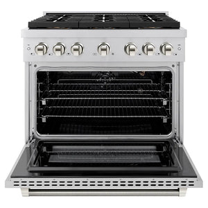 ZLINE Autograph Edition 36 in. 5.2 cu. ft. Paramount Gas Range with 6 Burner DuoPro™ Cooktop and Convection Gas Oven in Stainless Steel with Polished Nickel Helix Handle and Accents (PSGRZ-36-KPN) front, oven open.