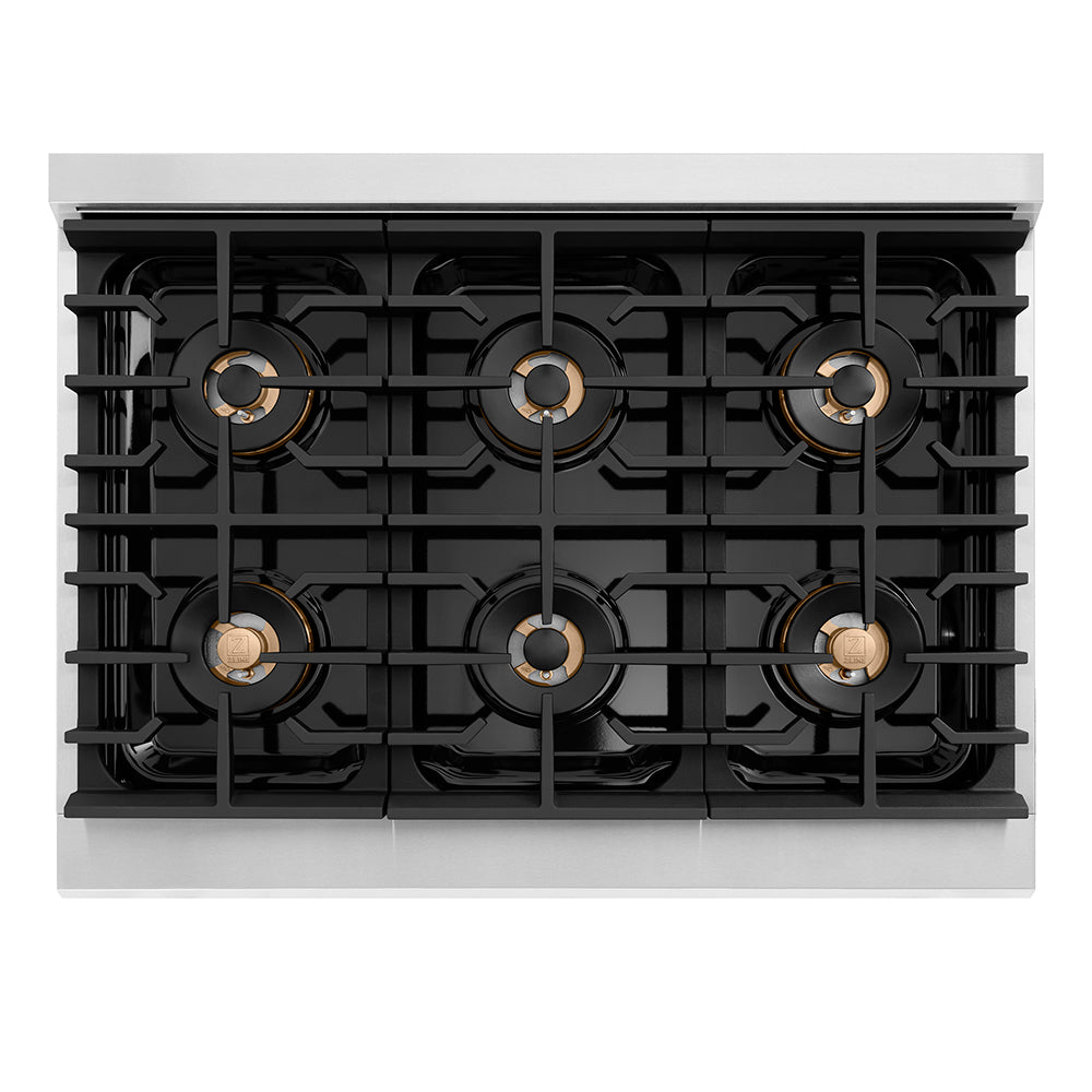 ZLINE Autograph Edition 36 in. 5.2 cu. ft. Paramount Gas Range with 6 Burner DuoPro™ Cooktop and Convection Gas Oven in Stainless Steel with Polished Nickel Helix Handle and Accents (PSGRZ-36-KPN)