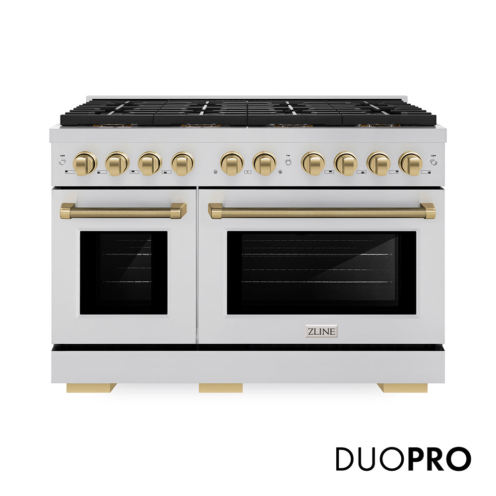 ZLINE Autograph Edition 48 in. 6.7 cu. ft. Paramount Gas Range with 8 Burner DuoPro™ Cooktop and Dual Ovens in Stainless Steel with Champagne Bronze Helix Handles and Accents (PSGRZ-48-KCB)