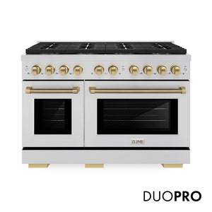 ZLINE Autograph Edition 48 in. 6.7 cu. ft. Paramount Gas Range with 8 Burner DuoPro™ Cooktop and Dual Ovens in Stainless Steel with Champagne Bronze Helix Handles and Accents (PSGRZ-48-KCB)
