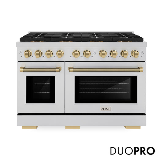ZLINE Autograph Edition 48 in. 6.7 cu. ft. Paramount Gas Range with 8 Burner DuoPro™ Cooktop and Dual Ovens in Stainless Steel with Champagne Bronze Helix Handles and Accents (PSGRZ-48-KCB)