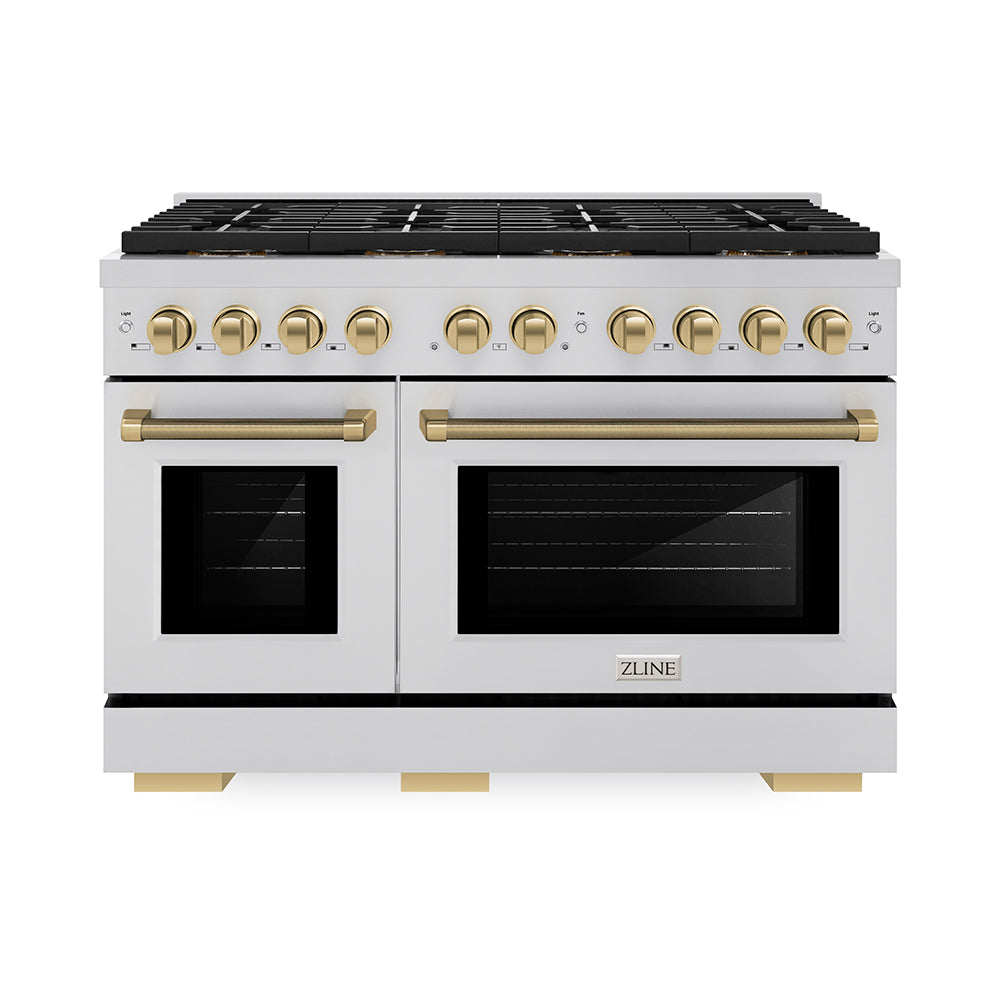 ZLINE Autograph Edition 48 in. 6.7 cu. ft. Paramount Gas Range with 8 Burner DuoPro™ Cooktop and Dual Ovens in Stainless Steel with Champagne Bronze Helix Handles and Accents (PSGRZ-48-KCB)