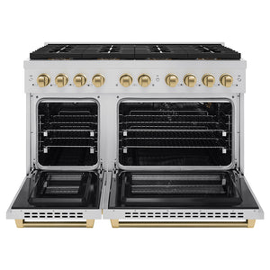 ZLINE Autograph Edition 48 in. 6.7 cu. ft. Paramount Gas Range with 8 Burner DuoPro™ Cooktop and Dual Ovens in Stainless Steel with Champagne Bronze Helix Handles and Accents (PSGRZ-48-KCB)