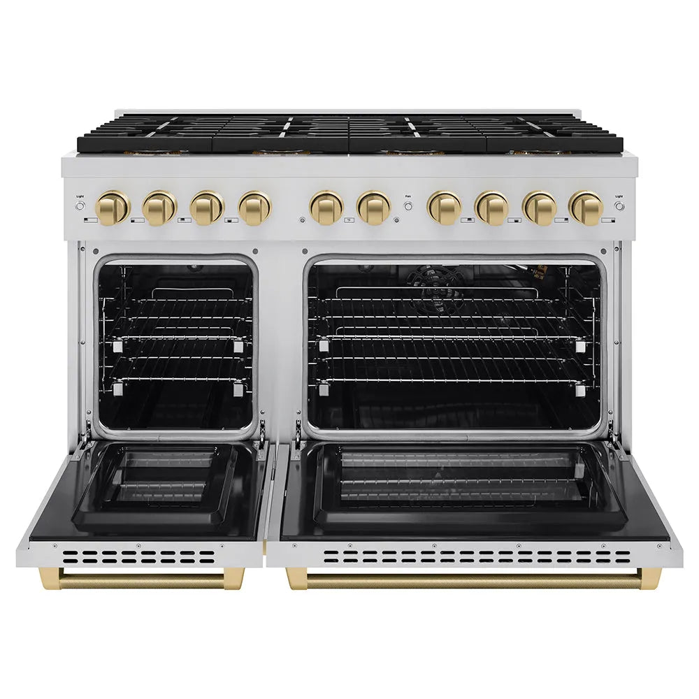 ZLINE Autograph Edition 48 in. 6.7 cu. ft. Paramount Gas Range with 8 Burner DuoPro™ Cooktop and Dual Ovens in Stainless Steel with Champagne Bronze Helix Handles and Accents (PSGRZ-48-KCB) front, oven open.