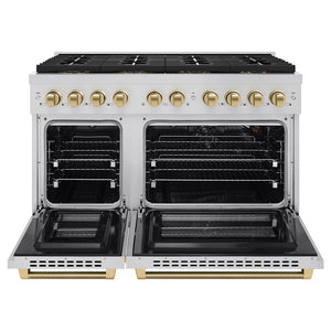ZLINE Autograph Edition 48 in. 6.7 cu. ft. Paramount Gas Range with 8 Burner DuoPro™ Cooktop and Dual Ovens in Stainless Steel with Champagne Bronze Helix Handles and Accents (PSGRZ-48-KCB) front, oven open.