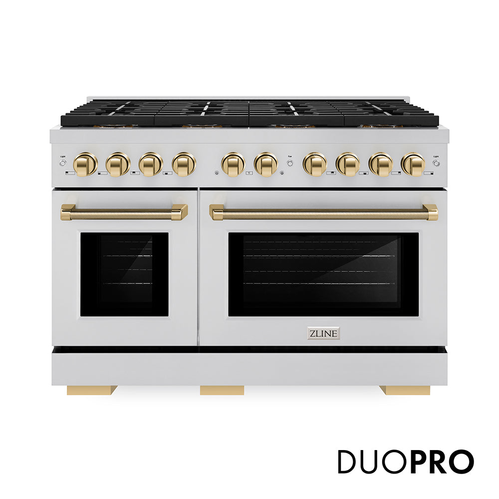 ZLINE Autograph Edition 48 in. 6.7 cu. ft. Paramount Gas Range with 8 Burner DuoPro™ Cooktop and Dual Ovens in Stainless Steel with Polished Gold Helix Handles and Accents (PSGRZ-48-KG)