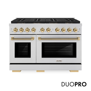 ZLINE Autograph Edition 48 in. 6.7 cu. ft. Paramount Gas Range with 8 Burner DuoPro™ Cooktop and Dual Ovens in Stainless Steel with Polished Gold Helix Handles and Accents (PSGRZ-48-KG)