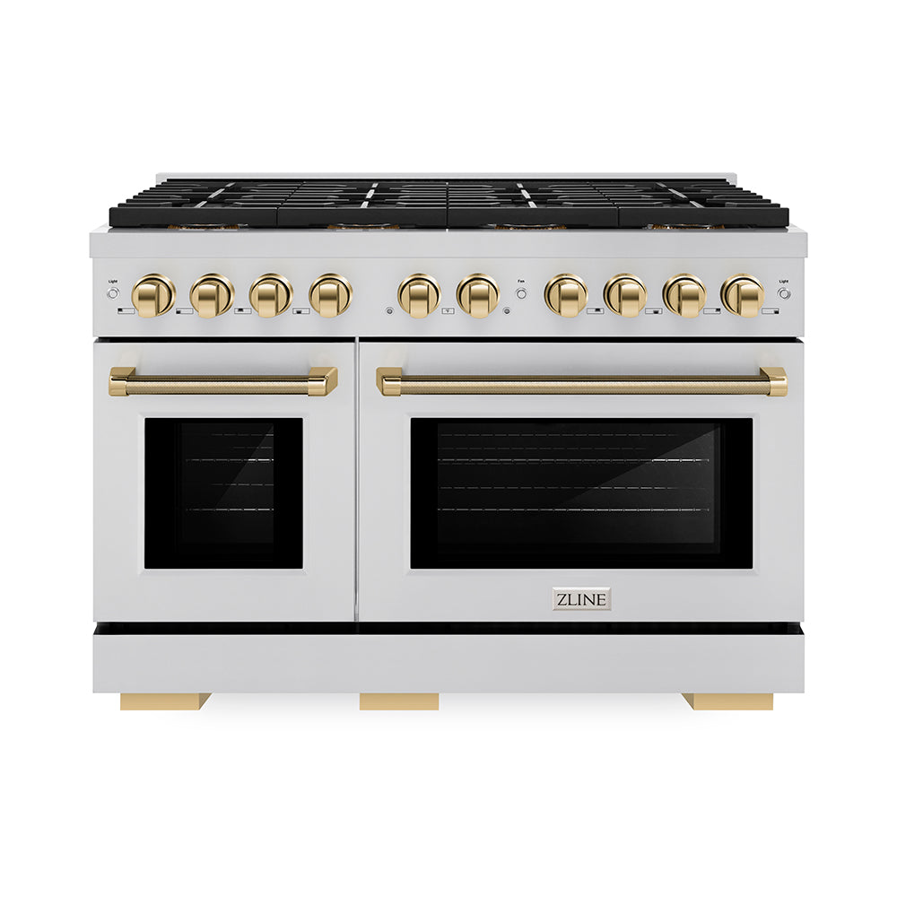 ZLINE Autograph Edition 48 in. 6.7 cu. ft. Paramount Gas Range with 8 Burner DuoPro™ Cooktop and Dual Ovens in Stainless Steel with Polished Gold Helix Handles and Accents (PSGRZ-48-KG)